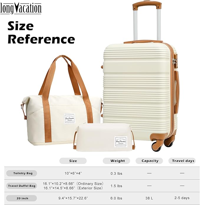 LONG VACATION 3 Piece Carry On Luggage 20 Inch Suitcase with Spinner Wheels, ABS+PC Hardshell Suitcase set with TSA Lock & YKK Zipper