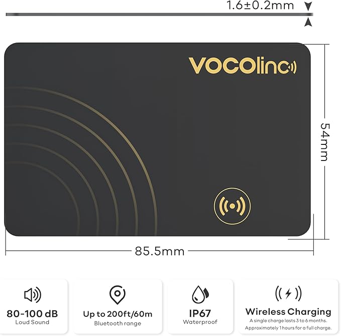 [Apple MFi Certified] VOCOlinc Air Card Tag Rechargeable Wallet Tracker 1.6mm 2 Pack Black, Item Finder Work with Apple Find My APP (iOS Only, Android not Supported),Locator for Luggage, Suitcase, Bag