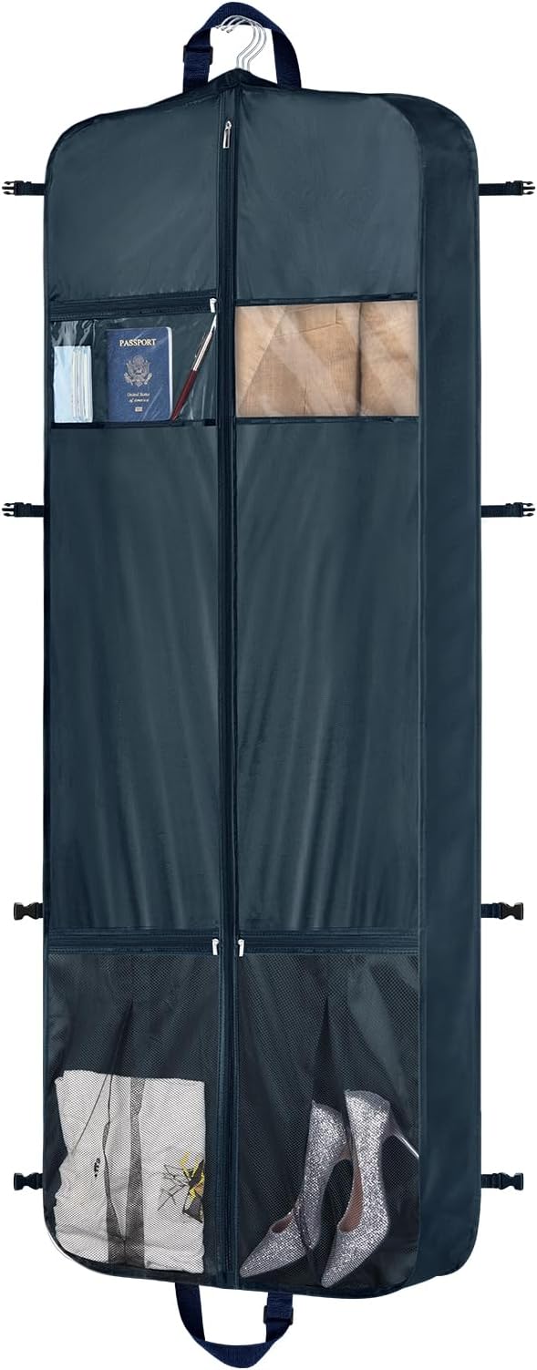 Zilink 60" Garment Bags for Travel Dress Travel Bag for Closet Storage Fur Coat Storage Bag with Adjustable Handles and Stable Buckles for Suits, Dresses, Navy Blue