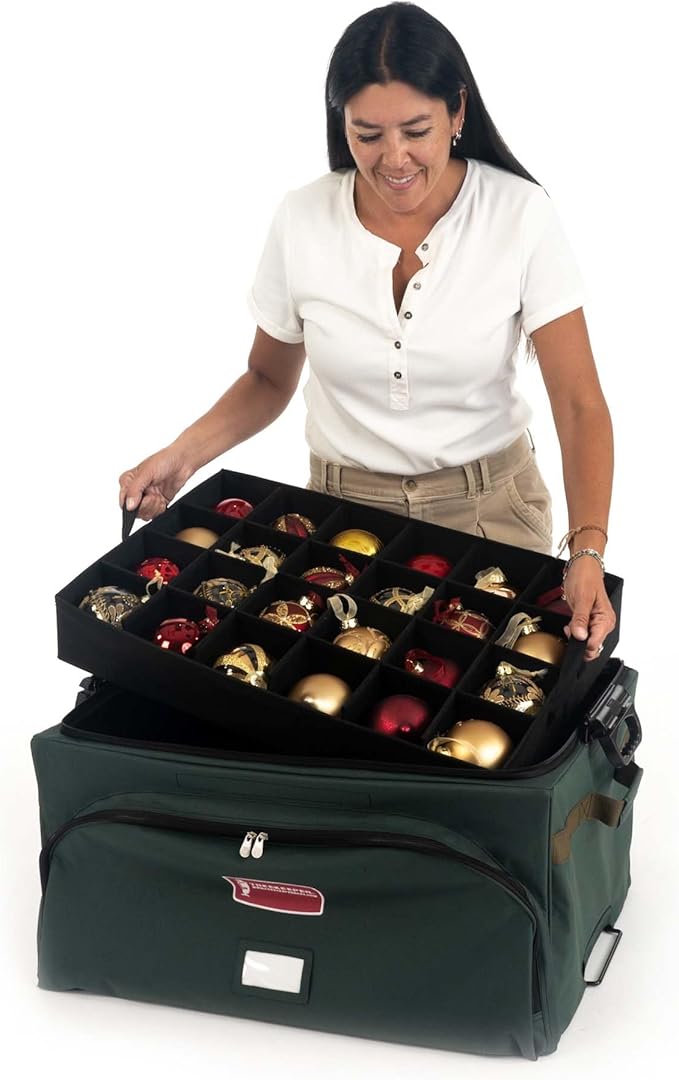 TreeKeeper (Green Christmas Ornament Storage Box with Dividers) - Deluxe Ornament Keeper - Holds 72 Ornaments up to 4 Inches in Diameter | 3 Removable Trays with Separators | Acid-Free Fabric Lining