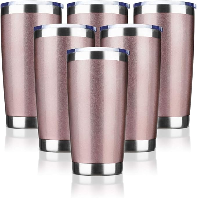 20oz Tumbler Bulk Stainless Steel Vacuum Insulated Tumblers with Lid Double Wall Travel Mug, Powder Coated Coffee Cup, Suitable for Ice Drinks and Hot Beverage (Rose gold 6pack)