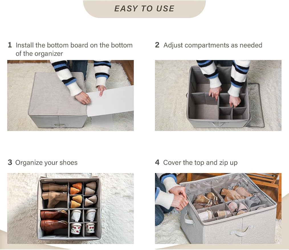 StorageWorks Shoe Organizer for Closet, Fits up to 16 Pairs, Shoe Cubby Storage Containers with Adjustable Dividers and Clear Cover, Mixing of Brown & Beige