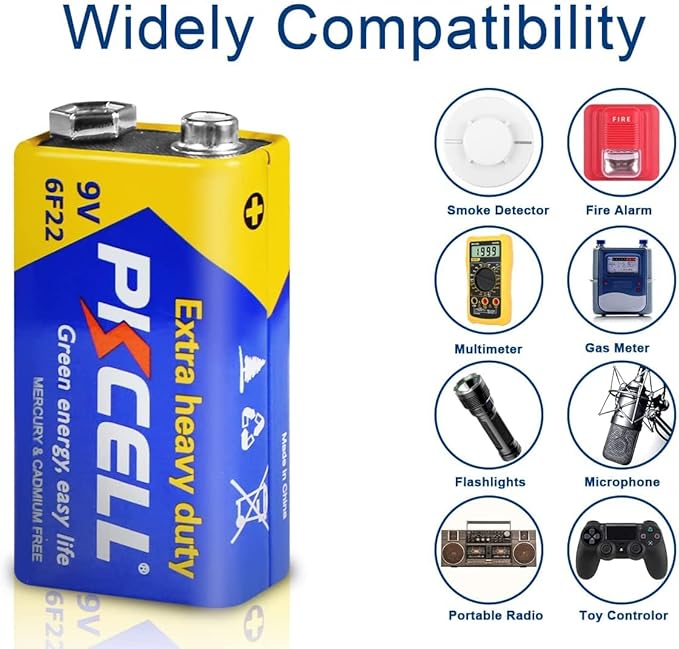 PKCELL 9V Battery Carbon Zinc for Smoke Detectors 6F22 Battery, 10-Year Shelf Life，Ultra Long-Lasting(4 Count)