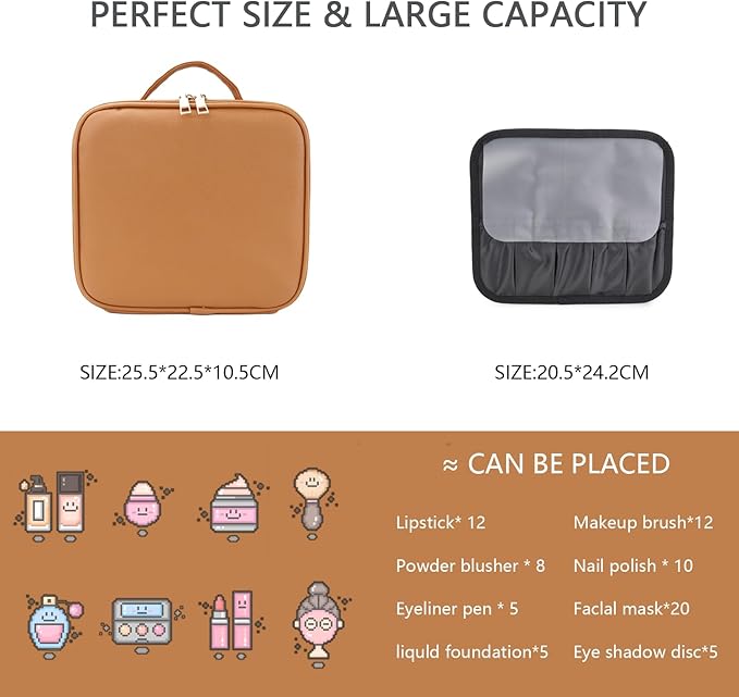 Makeup Bag with Led Mirror,Travel Makeup Organizer with 3 Color Setting, Portable Storage and Adjustable Dividers Travel Makeup Bag(light brown)