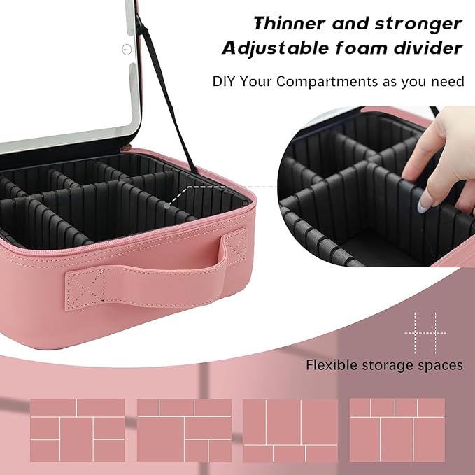 Makeup Bag with Led Mirror,Travel Makeup Organizer with 3 Color Setting & Jewelry storage box, Portable Storage and Adjustable Dividers Travel Makeup Bag(Pink)
