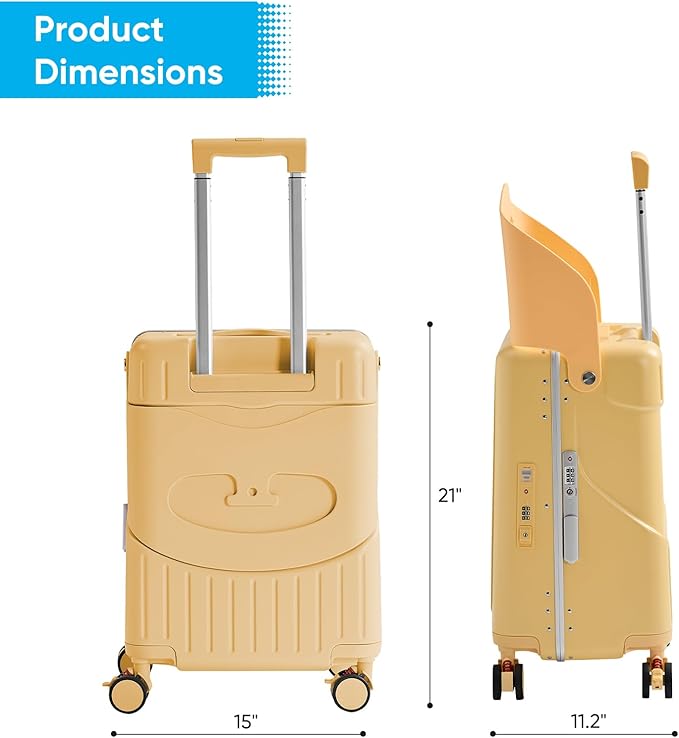 TABU 20" Ride-on Luggage with Seat，Front Opening Carry-On Hardshell Ride On Suitcase with Built-in Charging Port, 360° Lockable Spinner and TSA Lock, for Kids & Adults, Yellow