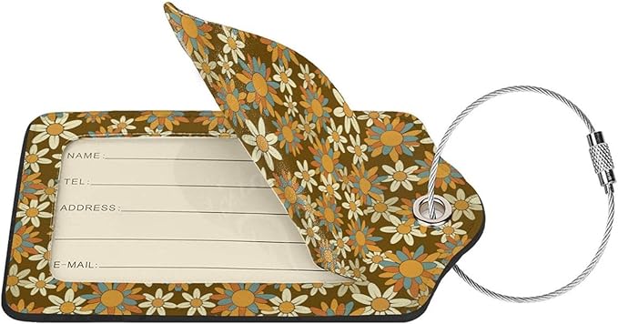 Flowers Leather Luggage Tag with Stainless Steel Ring, Fun Name Id Card Cover Travel Bag Tag Set, Suitable for Travel Bag Luggage Women Men 1 PCS