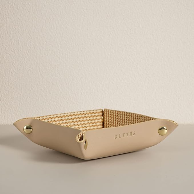 OLETHA Small Foldable Valet Tray - Aesthetic Desk Organizer for Home, Office & Travel - Portable Catch All Bowl for Keys, Scrunchie & Jewelry - Rattan Textured, Beige