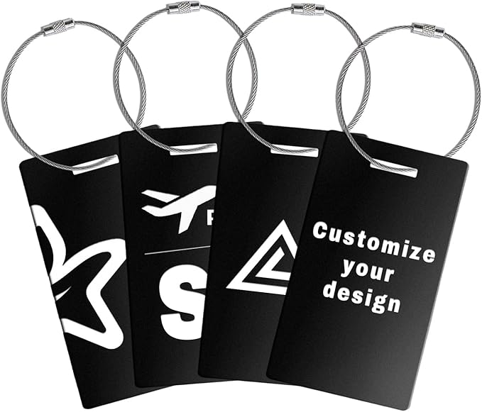 4 pcs Personalized Luggage Tags for Travel Durable Aluminium Luggage Tags for Suitcases Custom Bag Tags for Backpacks Heavy Duty Personalized Baggage Tags for Birthday Gifts(Small,Black)