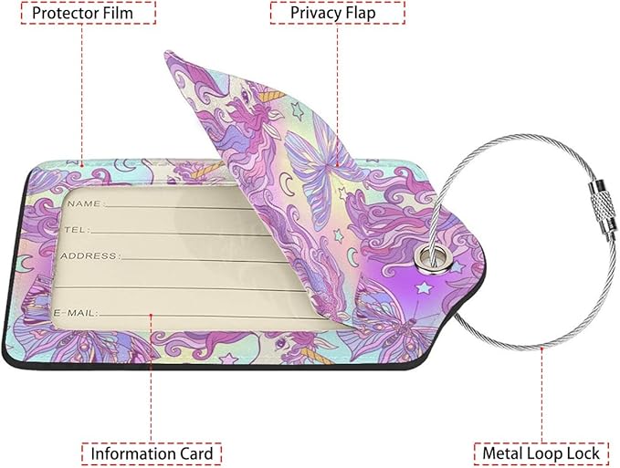 Multicolored Unicorn Luggage Tags for Suitcases,2 Pack Luggage Tag, Leather Stainless Steel Loop Label Tag for Women Girl Travel Bag Suitcase