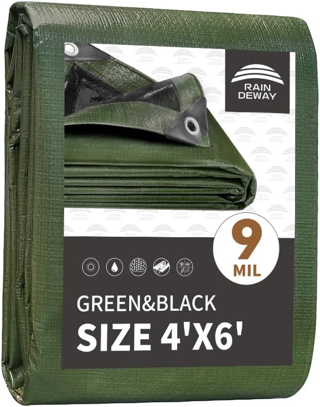 4x6 Feet Tarp Waterproof,Small Tarp,9Mil Thick,Finished Size Tarps,UV Resistant,Durable,Multipurpose Poly Tarps Cover with Metal Grommets and Reinforced Edges,Green/Black by RAINDEWAY