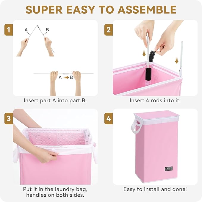 SOLEDI Slim Laundry Hamper with Lid, Narrow Laundry Basket with Removable Bags, Dirty Clothes Hamper with handle, Small Hamper perfect for Laundry room, Bathroom, Bedroom, Small spaces. 70L Pink
