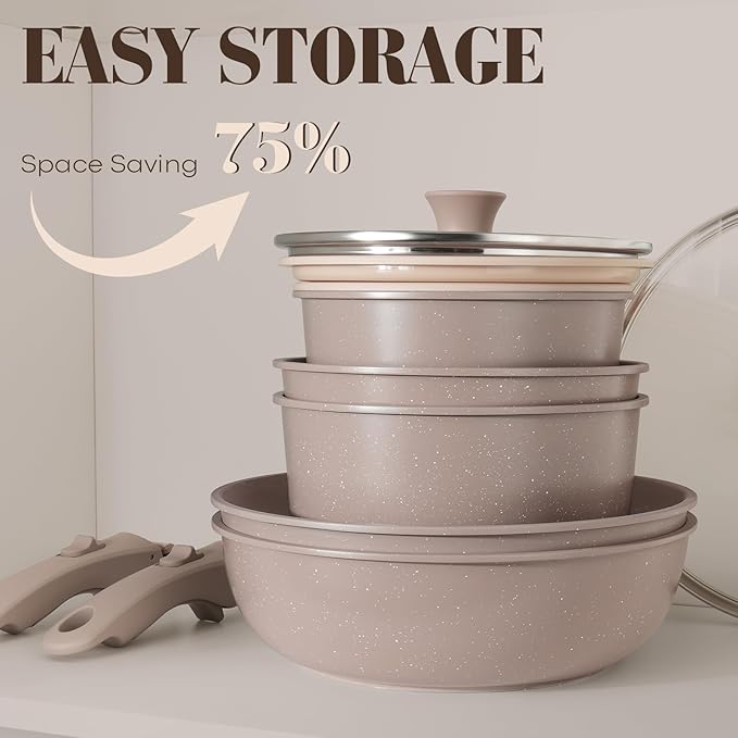 15Pcs Pots and Pans Set Non Stick, Cookware Sets with Detachable Handle, Nonstick RV Kitchen Cooking Tools Removable Handles, Oven Safe, Induction Fast, Stackable Induction Cookware, Brown