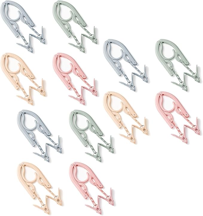 12-Piece Foldable Travel Hangers with Clips - Collapsible Coat Hanger for Pants, Socks, Underwear & Drying Rack