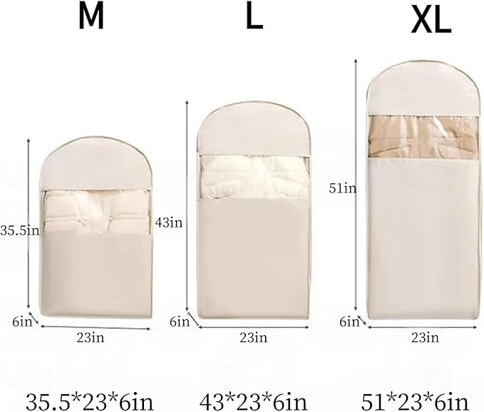 Space Saving Hanging Garment Bag With Self Compression Zipper,Garment Bags for Travel,Dust Cover for Coats Down Jackets, Closet Clothes Organizer with Clear Window (Beige, M+L+XL)