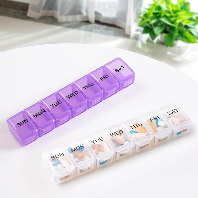 Small Pill Organizer 2 Times a Day, 2 Pack 7 Day Pill Box 1 Time a Day, Travel Friendly Day Night Vitamin Organizer, Weekly Pill Case Container