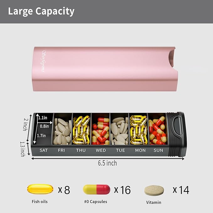 Metal Weekly Pill Organizer, Serfeymi Aluminum Daily Pill Box,7 Day Pill Case Travel Medicine Organizer,Pill Containers(Spare Gasket) for Vitamins, Fish Oils,Pills, Supplement(NO LID)- Pink