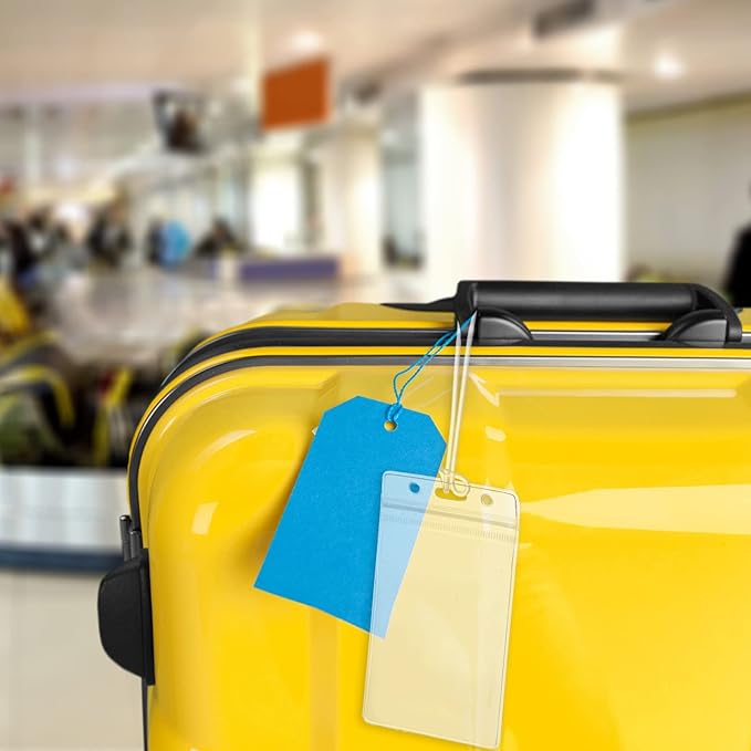 50 Pcs Clear Luggage Tags Bag Tags Holder Identification ID Card Badge Holder with 50 Pcs Clear Luggage Tag Loop Straps for Business Travel and Office Supplies