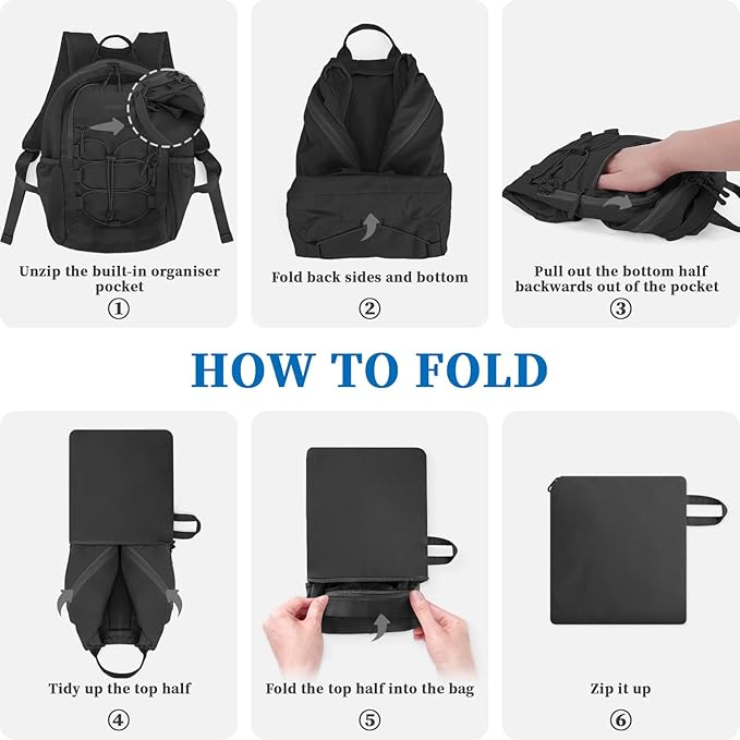 ZOMFELT Hiking Backpack for Women Men, 20L Lightweight Packable Backpack for Trip, Water Resistant Small Travel Backpacks, Foldable daypack for Hiking, Walking, Cycling, Camping, Black