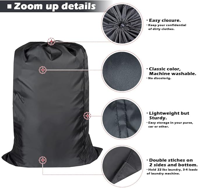Washable Travel Laundry Bag with Drawstring (3 Pack), Large Dirty Clothes Bag Fit a Laundry Basket or Clothes Hamper, Enough to Hold 4 Loads of Laundry,26x39 inches Black 3
