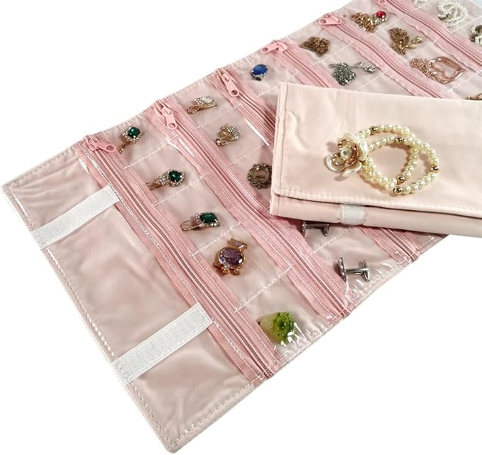 Travel Jewelry Roll Bag Portable Organizer Pouch With Grids&PVC Cover Storage Bags for Necklace, Bracelet, Bracelet,Ring, Badge, Pendant