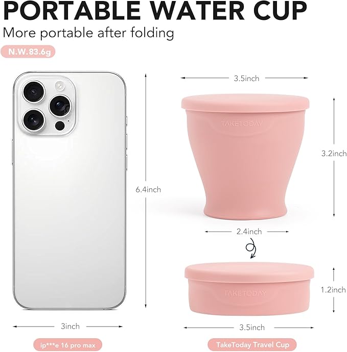 TakeToday Collapsible Travel Cup - Silicone Foldable Water Cup, BPA-Free with Lid & Waterproof Bag - Drinking Cup Set for Camping, Outdoors & International Travel（8 Oz, Lowcountry Peach）