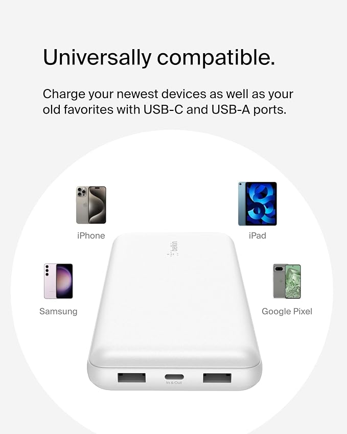 Belkin Portable Charger, USB C Power Bank 20000 mAh w/ 1xUSB-C Port & 2xUSB-A Ports, 15W w/Type-C to Type-A Cable - iPhone 16, Samsung Galaxy S25, Nintendo Switch 2, Google Pixel 10, etc. - White