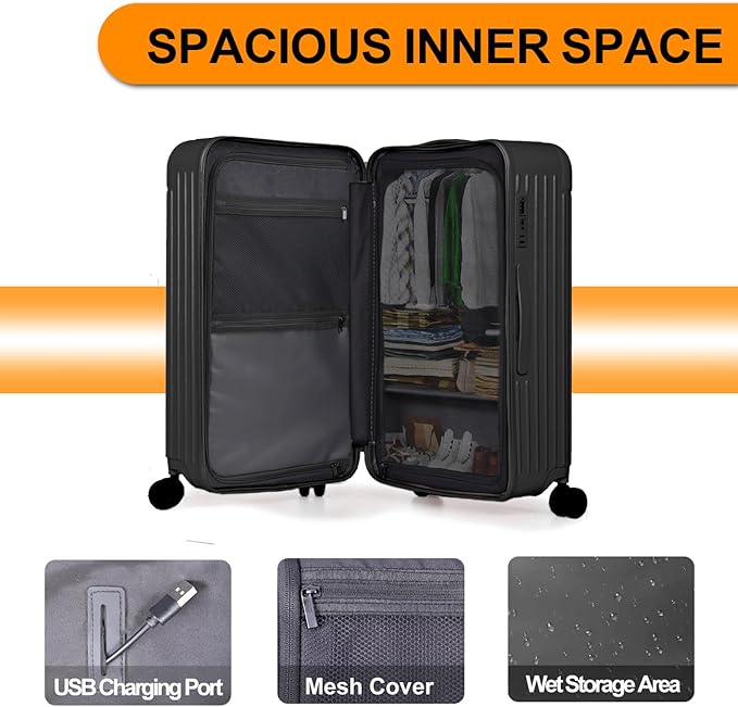 Krute Luggage with Spinner Double Wheels Suitcases with USB Port and Cup Holder TSA Lock PC+ABS Hardside Checked Luggage 28 Inch (Black)