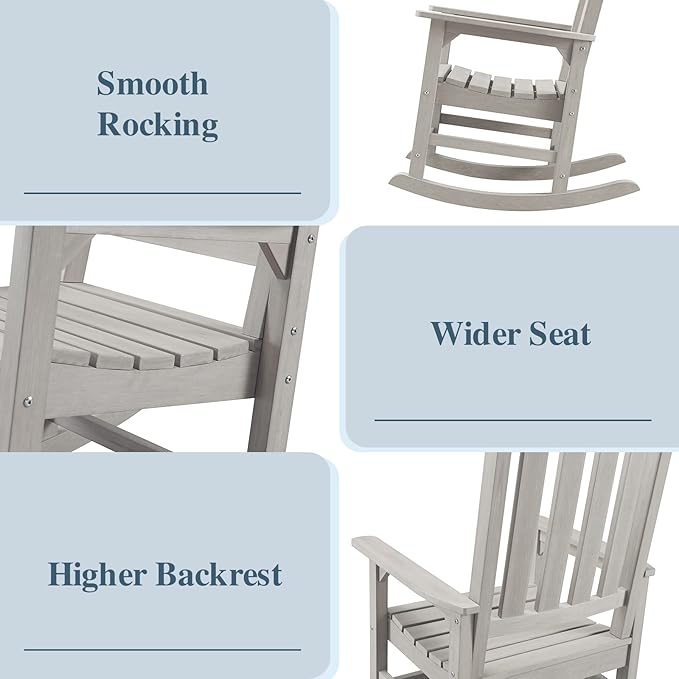 Psilvam Oversized Outdoor Rocking Chair Set of 2, Porch Rocker with 21" Wide Seat and 32" Tall Backrest, Pre-Assembled with Most Components for Effortless Installation (Grey)