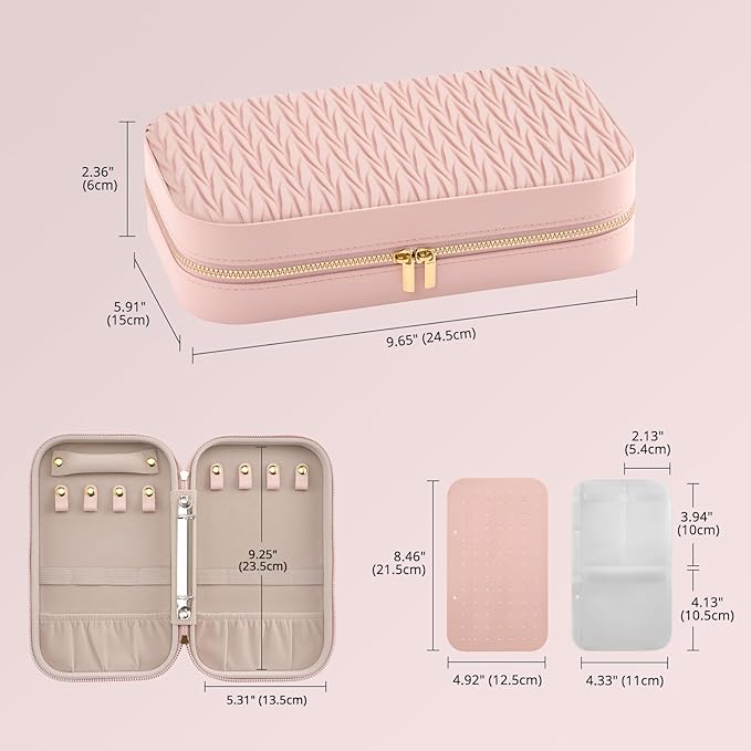 Lolalet Travel Jewelry Organizer, Jewelry Storage Case with Pocket, Earrings Necklaces Bracelets Ring Zippered Storage Pouch for Women -Pink