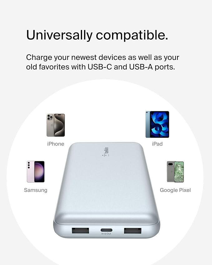 Belkin Portable Charger, USB-C Power Bank 20000 mAh w/ 2 USB-A Ports, 15W w/Type-A to Type-C Cable for iPhone 16, Samsung Galaxy S25, iPad, Nintendo Switch 2, Google Pixel 10, etc. - Pearl Blue
