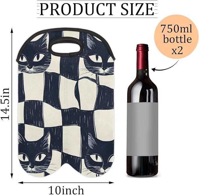 Neoprene Wine Tote, Bottle Carrier Gag Insulating Neoprene Thicker, Insulated Wine Bag for Travel Holds Two Bottles, Bottle Carrier Bags Protect the Bottles, Checkered Cat