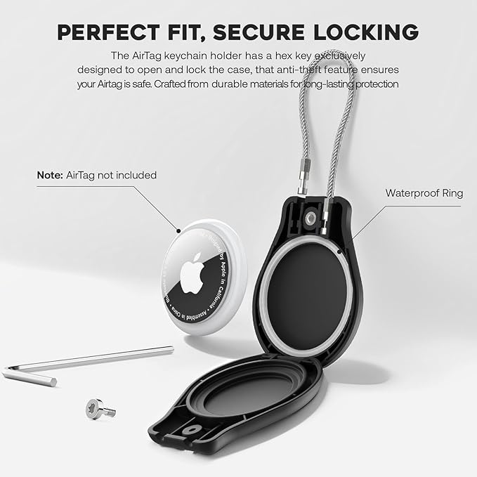 Waterproof AirTag Keychain Holder, Air tag Lock Case with Wire Cable Compatible with Apple AirTags, Durable & Secure Anti-Lost Protective Case with Keyring for Backpack, Key, Luggage (4 Pack)