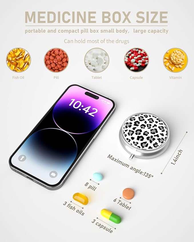 Pill Box, 3 Compartment Portable Travel Medicine Box with Mirror, Compact and Cute, Fits in Purse and Pocket, Medicine and Vitamin Organizer (Snow Leopard)