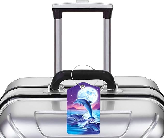 2 Pack Luggage Tag for Suitcase, Cute Unique Leather Bag Tags Identifiers Privacy Cover ID Label with Durable Steel Loop for Women Men Kids Girls Travel，DolphinA