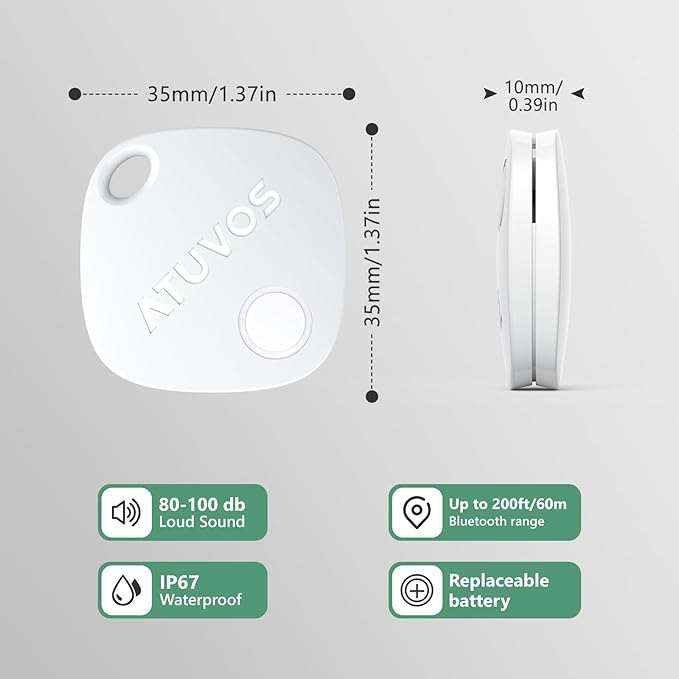 ATUVOS Air Tracker Tags-2 Pack, Bluetooth Luggage Tracker & Keys Finder Works with Apple Find My (iOS Only), Item Finders for Suitcases, Wallets, Bags, Waterproof IP67, Replaceable Battery, Anti-Lost