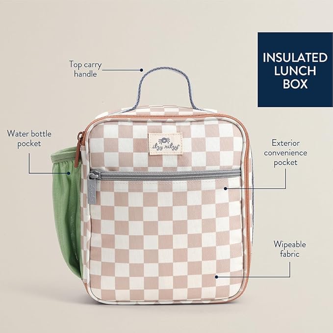 Itzy Ritzy Toddler Lunch Box - Kids Lunch Bag is Insulated and Includes Water Bottle Holder Plus 2 Pockets - Durable, Easy to Clean Toddler Bag (Checkerboard)