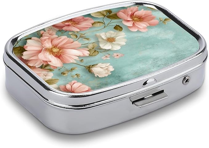 Metal 2 Compartment Pill Organizer Travel Friendly Portable Compact Pill Box Cute Pill Case,for Pocket Wallets Daily Portable Medicine Vitamin Tablet Storage (Flowers)