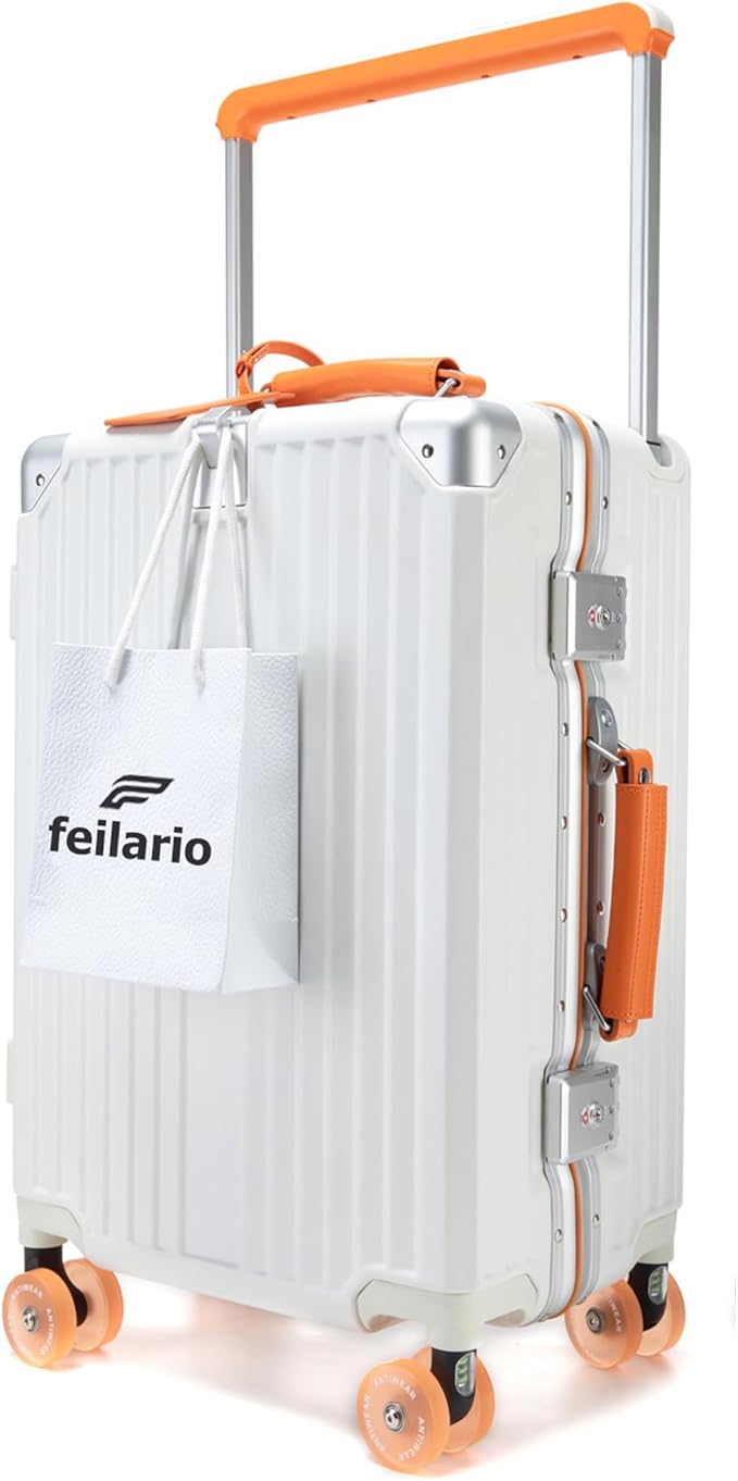 feilario 24" Aluminum Frame Wide Handle Hard Shell Carry On Suitcase - Vivid Colors Double Spinner Wheels Airline Approved Rolling Luggage with TSA Lock & Cup Holder (White, 24in)