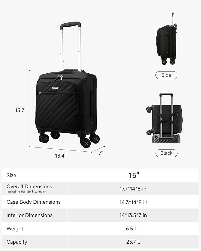 LUGGEX Carry On Luggage with Spinner Wheels - Stylish Lightweight UnderSeat Luggage - Soft Sided Small Suitcase with Front Open Design for Travel, Business (Black, 15 Inch)