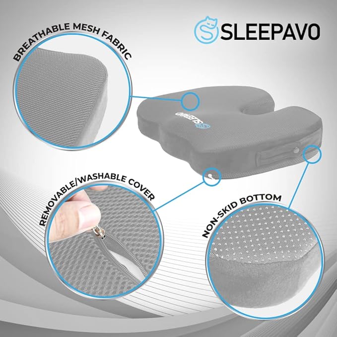 Sleepavo Office Chair Cushion - Seat Cushion for Tailbone Pain Relief - Butt Pillow for Coccyx, Sciatica, and Lower Back Pain - Orthopedic Chair Pad for Lumbar Support in Office Desk (Gray)