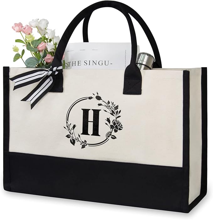 TOPDesign Personalized Initial Jute/Canvas Beach Bag, Monogrammed Gift Tote Bag for Women