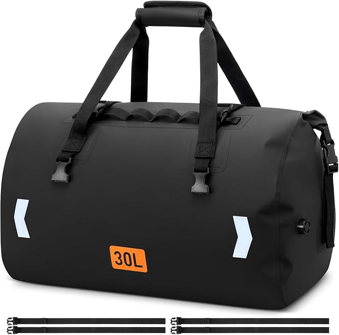 Waterproof Duffel Bag, 30L Roll-top Motorcycle Dry Bag with Air Valve & Quick-fixed Straps, Travel Duffle Bags for Kayaking Paddle Boarding Rafting Boating Camping Riding Fishing - Black