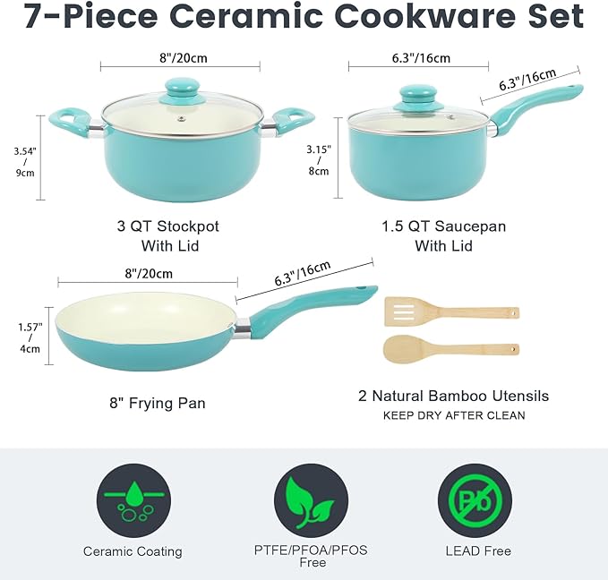 Pots and Pans Set, 7 Piece Nonstick Ceramic Cookware Set, Kitchen Induction Cookware Sets, Pots and Pans Non Stick with Stay Cool Handle, 100% PFOA Free, Turquoise