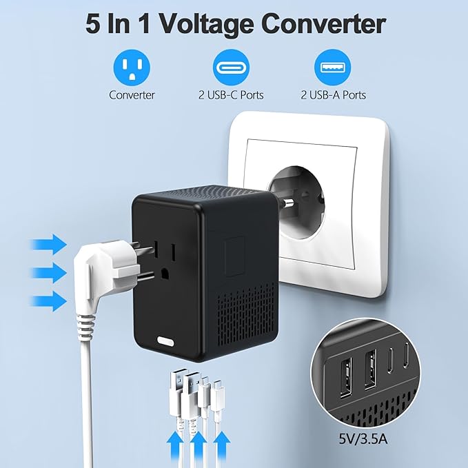220V to 110V Voltage Converter US to Europe for Hair Dryer with Fast Charging 2 USB A 2 USB C, Power Converter Adapter Combo International Travel Adapter C A G I (Black)