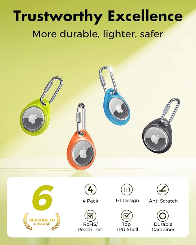 UNBREAKcable AirTag Holder for Apple - 4 Pack Air Tag Case [Professional Carabiner] [Waterproof] [Shockproof] TPU AirTag Keychain for Kids, Pets, Keys, Luggage, Backpacks