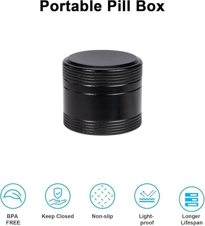 Metal Pill Box Pocket Purse Size - Waterproof Daily Pill Container, Single Aluminum Pill Case Portable Compact Round Medicine Organizer Pill Holder for Medication, Fish Oils Vitamins