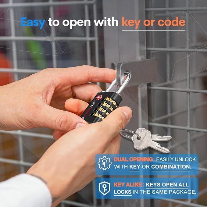 Forge Dual-Opening: Key or Combination Access Lock, TSA Approved Locks for Luggage, Pelican case, Travel, Gym, School, Stainless Steel Shackle.(Black 6 Pk)