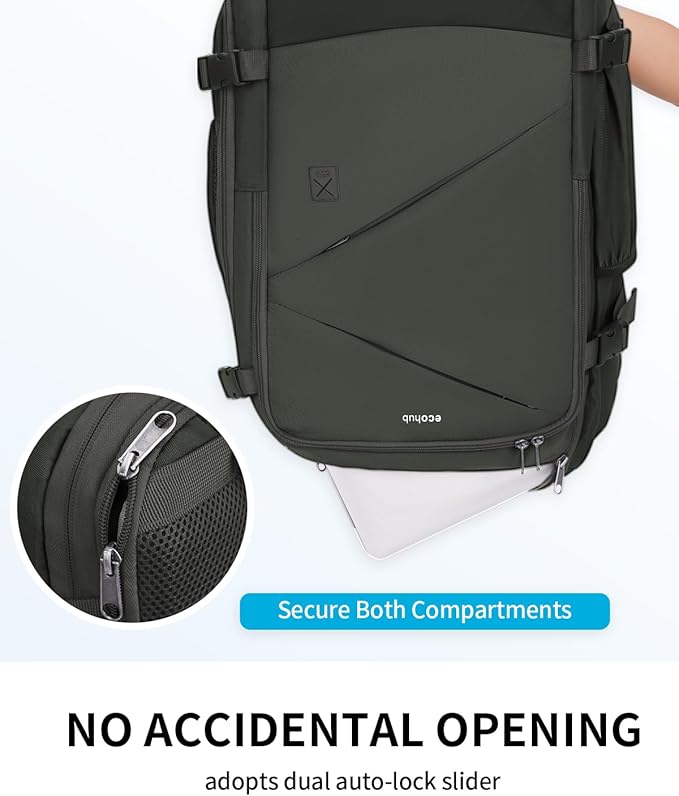 ECOHUB 30L Carry on Travel Backpack for Men Women 18x14x8, 17 inch Expandable Airlines Personal Item Bag Water Resistant Laptop Backpack Flight Approved with USB Slot & Wet Pocket, Green
