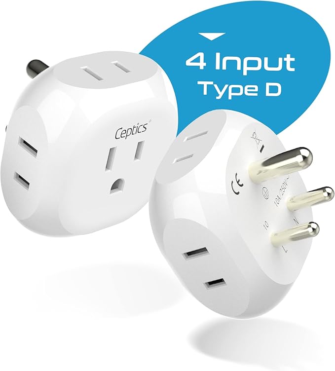 Ceptics India, Pakistan Travel Adapter - 4 Input - Ultra Compact - Light Weight - USA to Any Type D Countries Such as Bangladesh, Maldives and More - 2 Pack (PT-10)